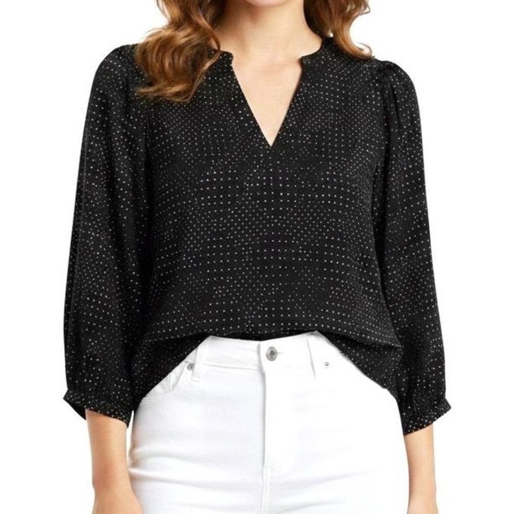 Banana Republic Blouse‎ Women Medium Black Polka Dot V-Neck Puff Sleeve